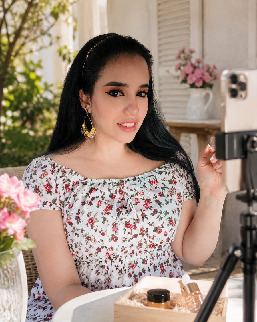 Mabelrosa Gutierrez filming a product review at home