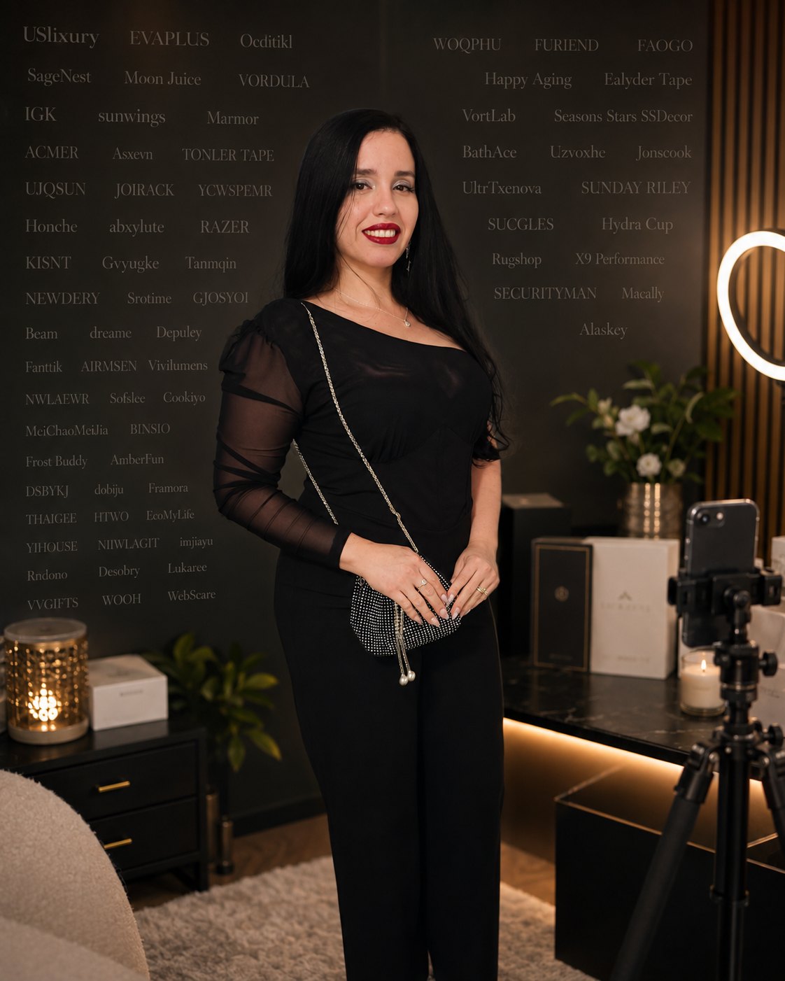 Mabelrosa in her studio, in front of a wall of the brands she has worked with